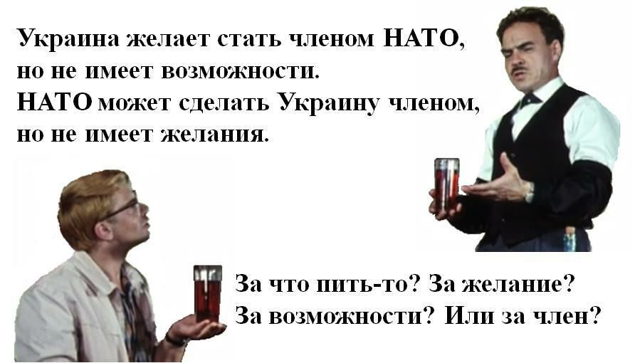 Украина желает стать членом НАТО но не имеет возможности НАТО может сделать Украину членом но не имеет желания За что пить то За желание За возможности Или за член