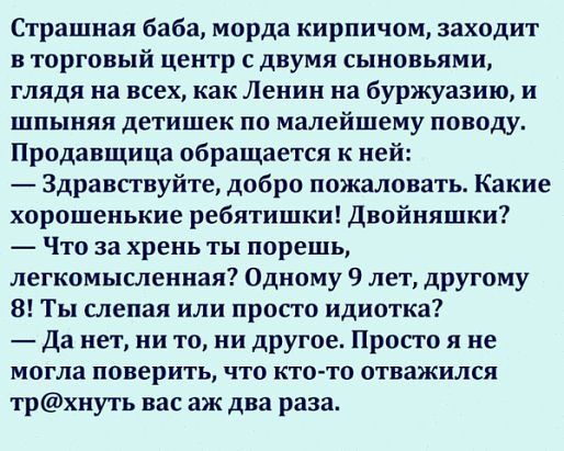 Страшная баба морда кирпичом заходит в торговый центр с двумя сыновьями глядя на всех как Ленин на буржуазию и шпыняя детишек по малейшему поводу Продавщица обращается к ней Здравствуйте добро пожаловать Какие хорошенькие ребятишки Двойняшки Что за хрень ты порешь легкомысленная Одному 9 лет другому 8 Ты слепая или просто идиотка Да нет ни то ни другое Просто я не могла поверить что кто то отважил