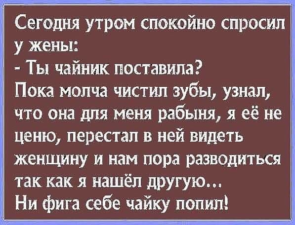 Сегодня утром спокойно спросил у жены Ты чайник поставила Пока молча чистил зубы узнал что она для меня рабыня я её не ценю перестал в ней видеть женщину и нам пора разводиться так как я нашёл другую Ни фига себе чайку попил