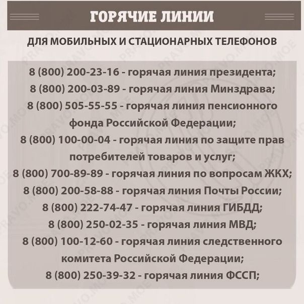 ГОРЯЧИЕ ЛИНИИ ДЛЯ МОБИЛЬНЫХ И СТАЦИОНАРНЫХ ТЕЛЕФОНОВ 8 800 200 23 16 горячая линия президента 8 800 200 03 89 горячая линия Минздрава 8 800 505 55 55 горячая линия пенсионного фонда Российской Федерации 8 800 100 00 04 горячая линия по защите прав потребителей товаров и услуг 8 800 700 8949 горячая линия по вопросам ЖКХ В 800 200 58 88 горячая линия Почты России 8 800 222 74 47 горячая линия ГИБДД