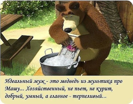 Идеальный муж это медведь из мультика при Мишу Хозяйстдгнный не пьет не курит додрый умный и главное терпеливый