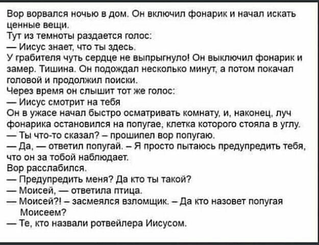 Вор ворвался ночью в дом Ои включил фонарик и начал искать ценные вещи Тут из темноты раздается голос Иисус знает что ты здесь У грабителя чуть сердце не выпрыгнула Он выключил фонарик и замер Тишина Он подождал несколько минут а потом покачал головой и продолжил поиски Через время он слышит тот же голос Иисус смотрит на тебя Он в ужасе начал быстро осматривать комнату и наконец луч фоиарика остан