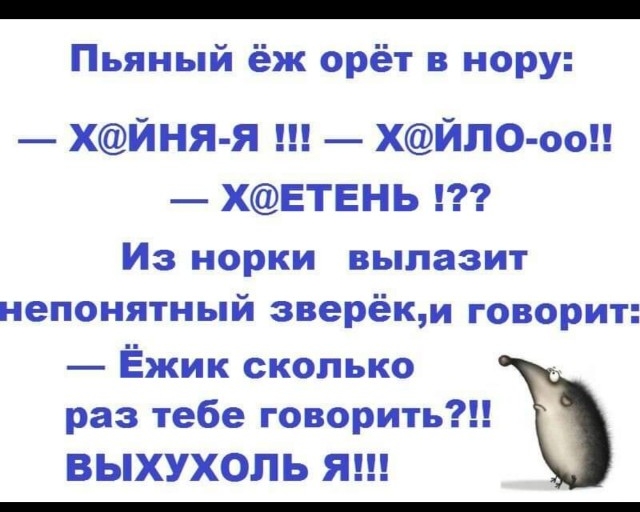 _ Пьяный ёж орёт в нору хйня я ш ХЙЛ0 оо ХЕТЕНЬ Из норки вылазит непонятный зверёкм говорит Ёжик сколько раз тебе говорить ВЬХУХОЛЬ Я