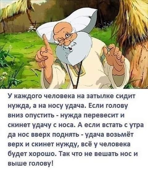 У каждого человека на ЗЗТЬШКБ СИДИТ нужда а на носу удача Если голову вниз опустить нужда перевесит и скинет удачу с носа А если встать с утра да нос вверх поднять удача возьмёт верх и скинет нужду всё у человека будет хорошо Так что не вешать нос и выше голову