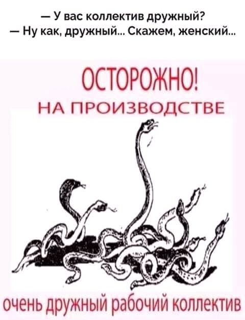 У вас коллектив дружный Ну как дружный Скажем женский ОСТОРОЖНО НА ПРОИЗВОДСТВЕ очень дружный рабочий коллектив