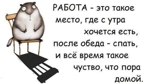 РАБОТА это такое место где с утра хочется есть после обеда спать и всё время такое чуство что пора домой