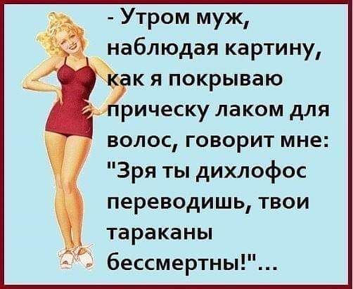 Утром муж наблюдая картину ёж я покрываю _ рическу лаком для волос говорит мне Зря ты дихлофос переводишь твои тараканы бессмертны