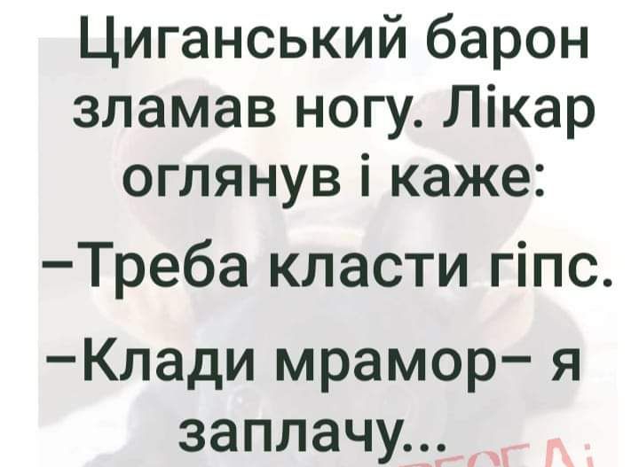 Циганський барон зламав ногу Лікар оглянув і каже Треба класти гіпс Клади мрамор я заплачу