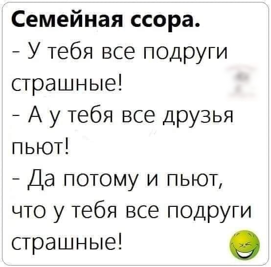 Семейная ссора У тебя все подруги страшные А у Тебя все друзья пьют Да потому и пьют что у тебя все подруги страшные о