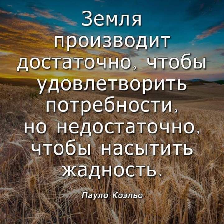 Земля производит досЁтоныыоаЕЩтобьп удовлетворить потребности но недостаточно чтобьпнасытить КаДНОСТЬ Пауло Коэльо