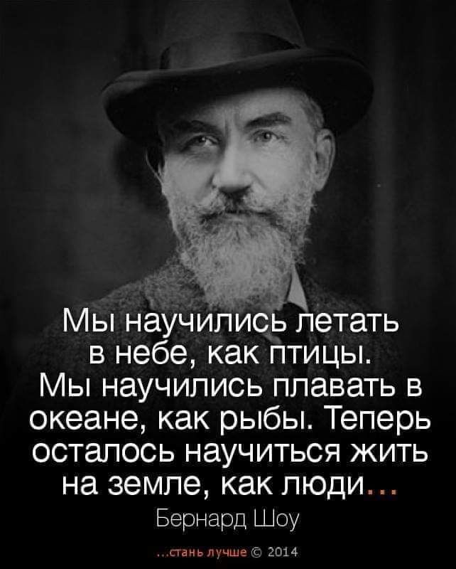 Мы н ипиоь летать в небе как Птицы Мы научились плавать в океане как рыбы Теперь осталось научиться жить на земле как люди Бернард Шоу паньпучше 2014