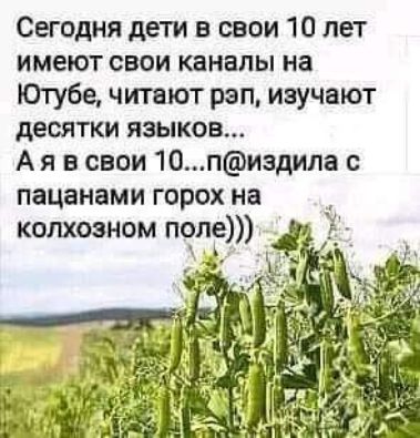 Сегодня дети в свои 10 лет имеют свои каналы на Ютубе читают рэп изучают десятки языков А я в свои 10пиздила с пацанами горох на