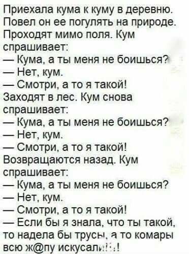 Приехала кума к куму в деревню Повеп он ее погулять на природе Проходят мимо поля Кум спрашивает Кума а ты меня не боишься Нет кум Смотри а то я такой Заходят в лес Кум снова спрашивает Кума а ты меня не боишься Нет кум Смотри а то я такой Вознращаются назад Кум спрашивает Кума а ты меня не боишься Нет кум Смотри в то я такой Если бы я знала что ты такой то надела бы трусы а то комары всю жпу иску