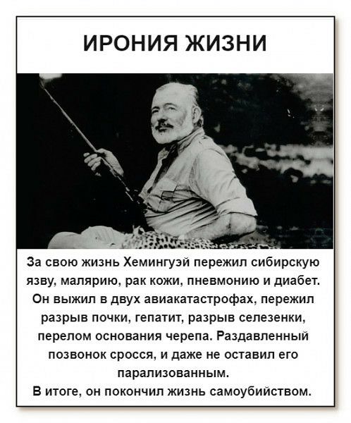 ИРОНИЯ ЖИЗНИ За свою жизнь Хемингуэй пережил сибирскую япву малярию рак кожи пневмонию и диабет Он выжип в двух авиакатастрофах пережил разрыв почки гепатит разрыв селезенки перелом основания черепа Раздавпенный позвонок сросся и даже не оставил его парапизованным В итоге он покончил жизнь самоубийством