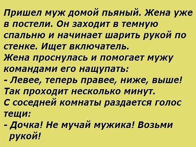 Пришел муж домой пьяный Жена уже в постели Он заходит в темную спальню и начинает шарить рукой по стенке Ищет включатель Жена проснулась и помогает мужу командами его нащупать Левее теперь правее ниже выше Так проходит несколько минут С соседней комнаты раздается голос тещи Дочка Не мучай мужика Возьми рукой