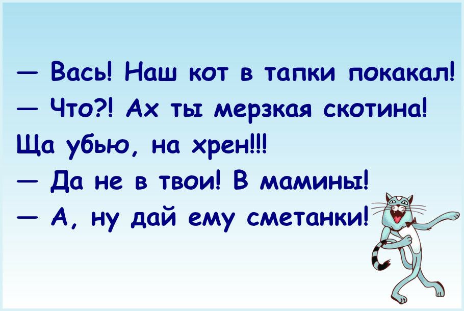 Вась Наш кот в тапки покакал Что Ах ты мерзкая скотина Ща убью на хрен Да не в твои В мамины А ну дай ему сметанки