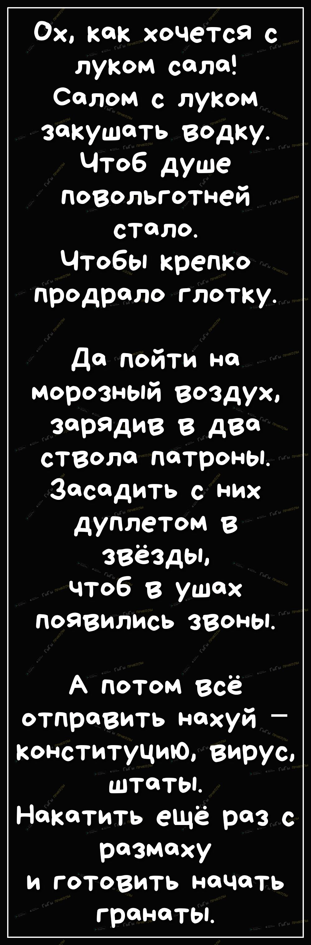 Ох как хочется с луком соло Солом луком закушать водку Чтоб душе повольготней стало Чтобы крепко продроло глотку да пойти на морозный воздух зарядив в два отвела патроны засадить них дуплетом в звёзды чтоб в ушах появились звоны А потом всё отправить нахуй конституцию вирус штаты Нокатить ещё раз с размаху и готовить начать гронотьь