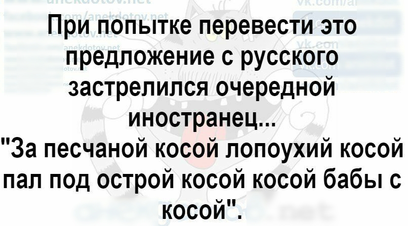 При попытке перевести это предложение с русского застрелился очередной иностранец За песчаной косой попоухий косой пал под острой косой косой бабы с косой