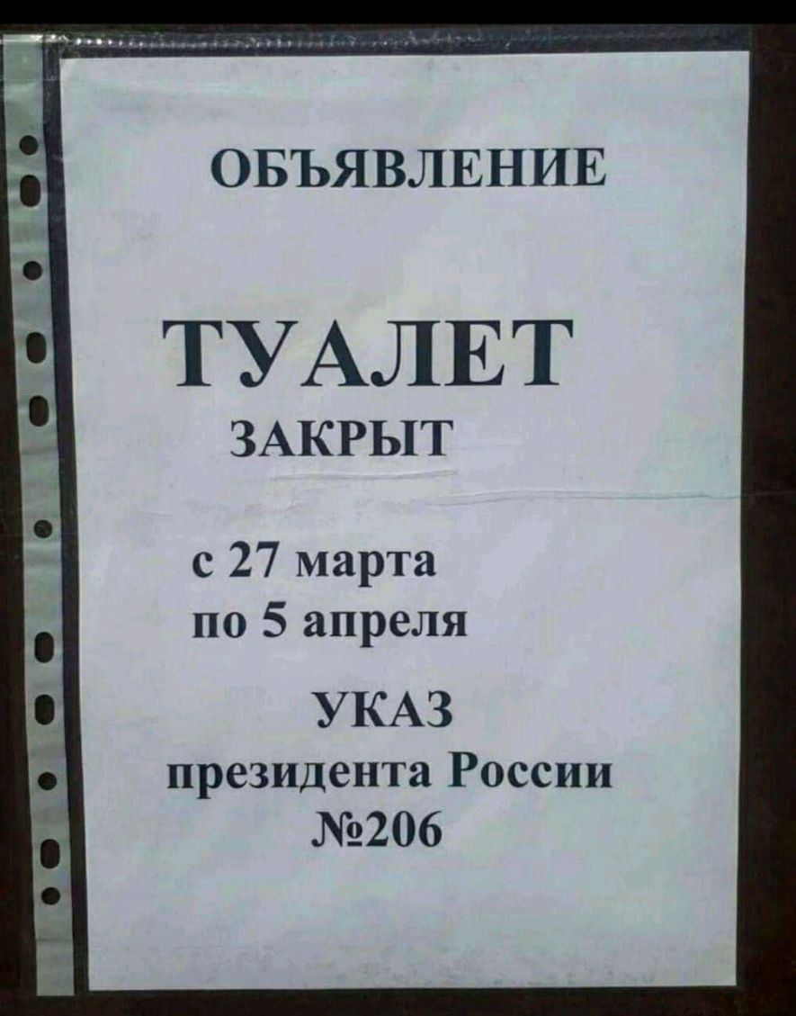 ОБЪЯВЛЕНИЕ ТУАЛЕТ ЗАКРЫТ с 27 марта по 5 апреля УКАЗ президента России 206