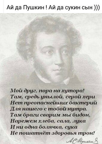 Ай да Пушкин Ай да сукин сын Май фуд пор ни хутора Там средь унылой герой хари Нет пдд опаснейших бактерий Для нашего с тобой нутри Там браги свпрши мы бидаи Нарежем моба от лика И одна болячки сука На пошатнёт адпдюаьл тром 7