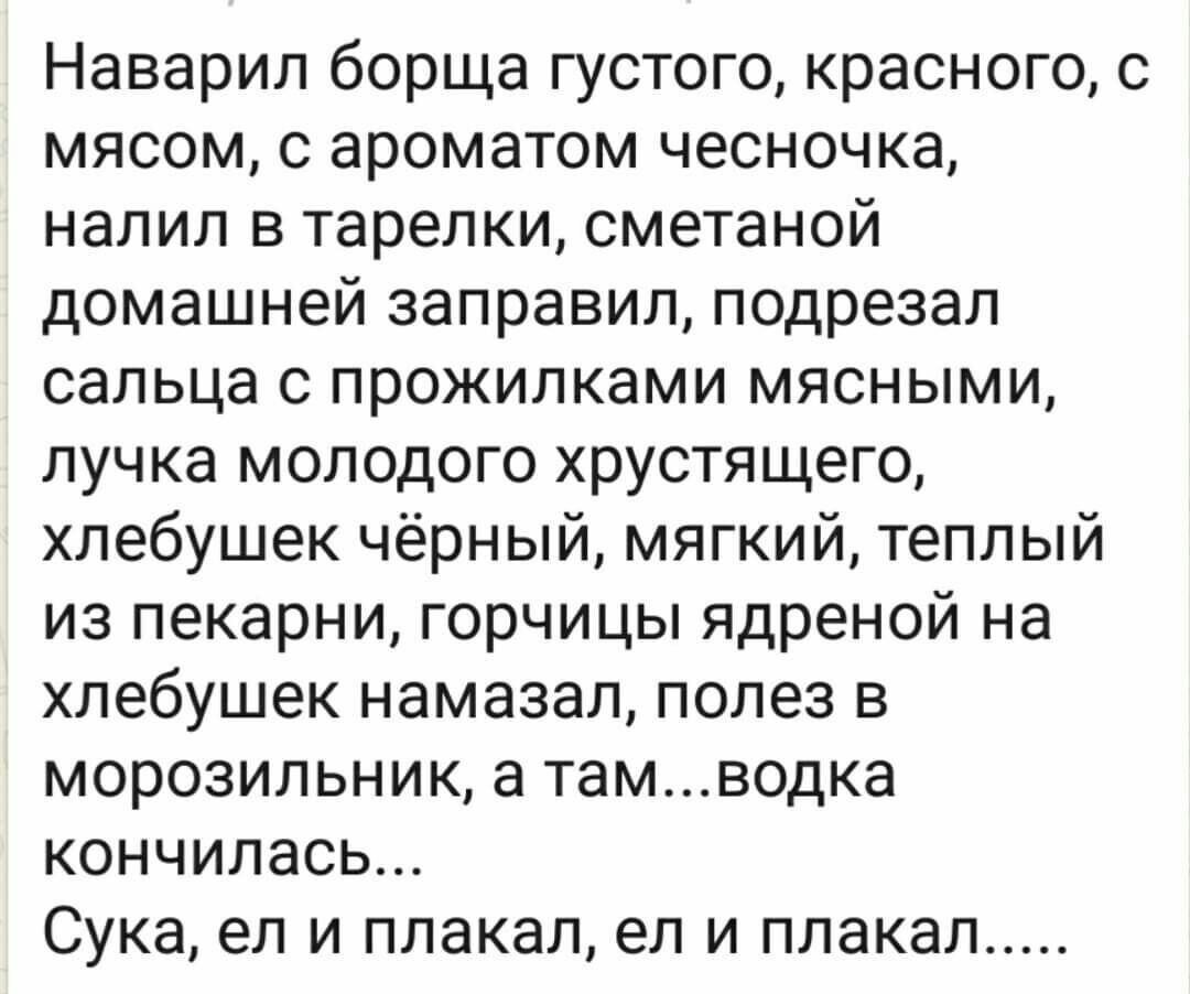 Наварил борща густого красного с мясом с ароматом чесночка налил в тарелки сметаной домашней заправил подрезал сальца с прожилками мясными пучка молодого хрустящего хлебушек чёрный мягкий теплый из пекарни горчицы ядреной на хлебушек намазал полез в морозильник а тамводка кончилась Сука ел и плакал ел и плакал