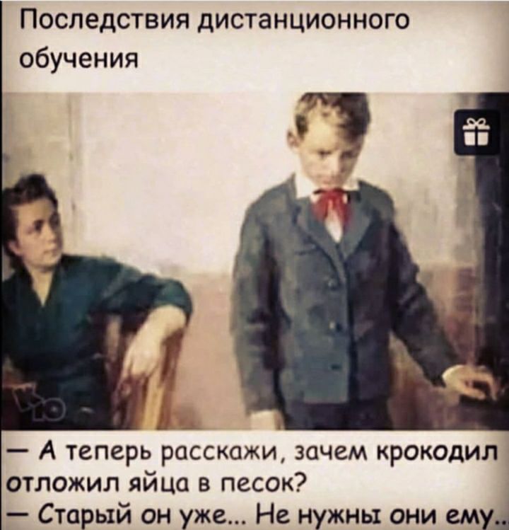 Последствия дистанционного обучения А теперь расскажи зачем крокодил отложил яйца в песок Старый он уже Не нужны они ему