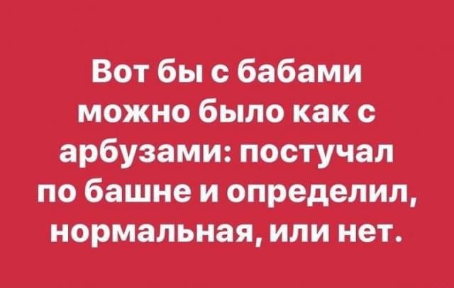 Вот бы с бабами можно было как с арбузами постучал по башне и определил нормальная или нет