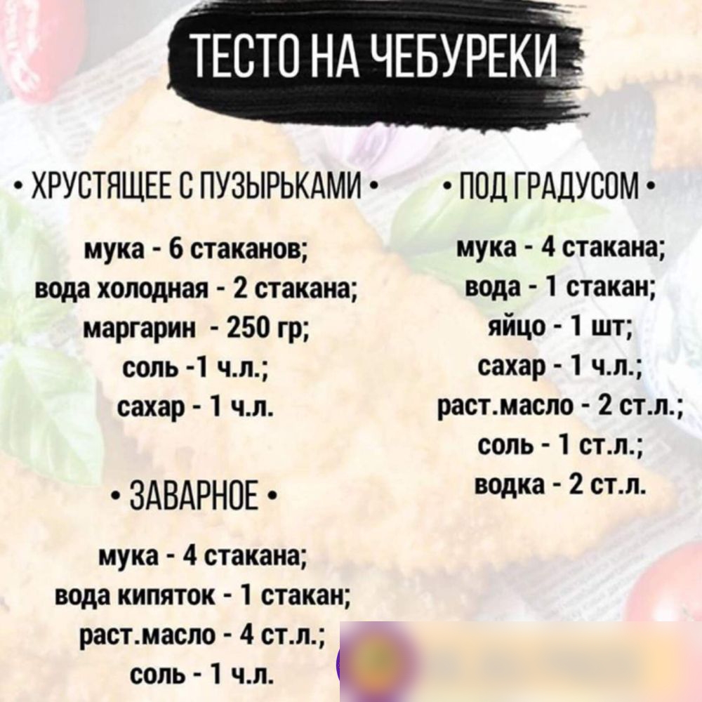 ТЕСТО нд ЧЕБУРЕКИ_ ХРУСТЯЩЕЕ С ПУЗЫРЬКАМИ ПОД ГРАДУСОМ мука 6 стаканов мука 4 стакана вода холодная 2 стакана вода 1 стакан маргарин 250 гр яйцо 1 шт соль 1 чл сахар 1 чл сахар 1 чл растмасло 2 стл соль 1 стл ЗАВАРНПЕ водка 2 стл мука 4 стакана вода кипяток 1 стакан растмасло 4 стл соль 1 чл
