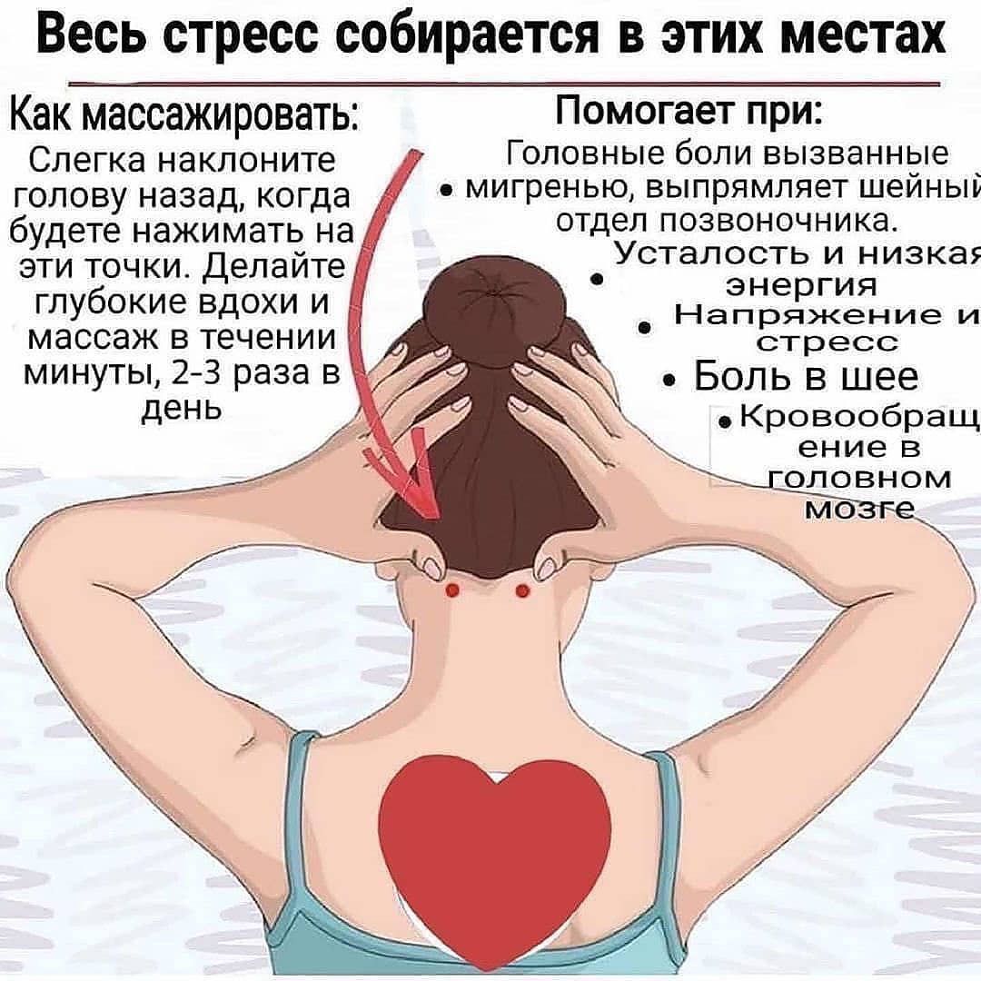 Весь стресс собирается в этих местах Как МЗССЗЖИРОВЗТЬЕ Помогает при Слегка наклоните Головные боли вызванные голову назад когда мигренью выпрямляет шейный будете нажимать НЭ отдел ПОЗВОНОЧНИКЭ ЭТИ ТОЧКИ Делайте УСТаЛОСТЬ И НИЗКЭЕ глубокие вдохи и энергия Напряжение и массаж В течении стресс минуты 2 3 раза в Боль в шее день Кровообращ ение В _ ОЛОВНОМ МО