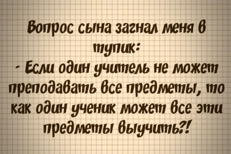Вопрос сына загнал меня 6 тупик _ Если один учитель не можетё Ёпреподабать Все предметы то как один ученик может Все эти Ь предметы Выучит