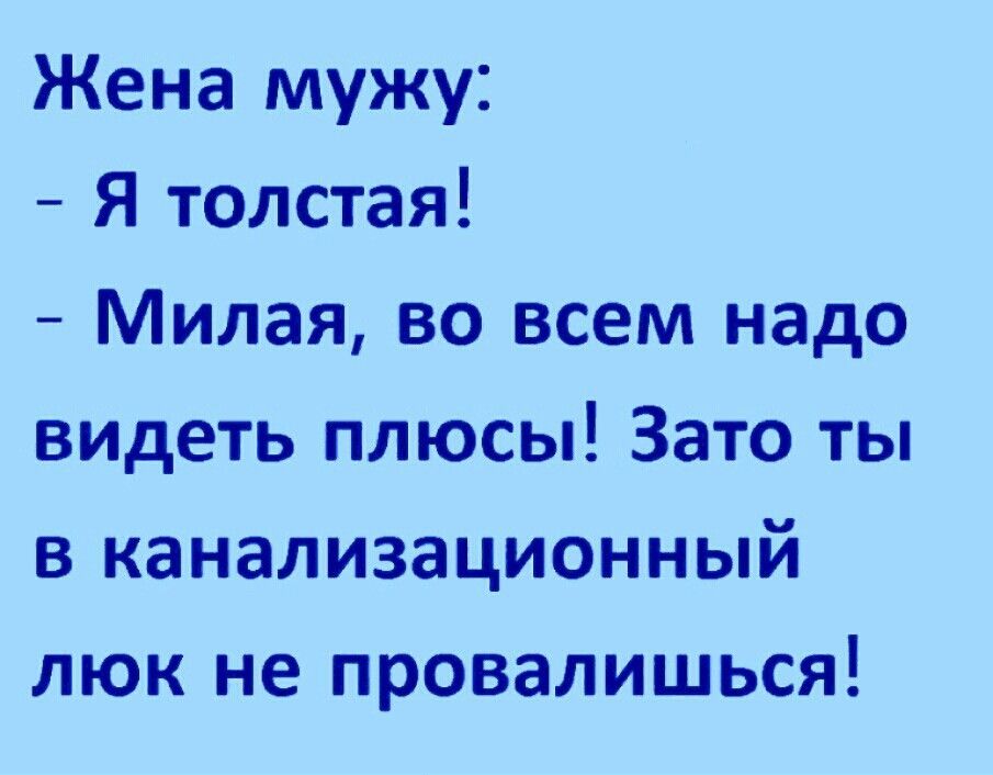 Жена мужу Я толстая Милая во всем надо видеть плюсы Зато ты в канализационный люк не провалишься