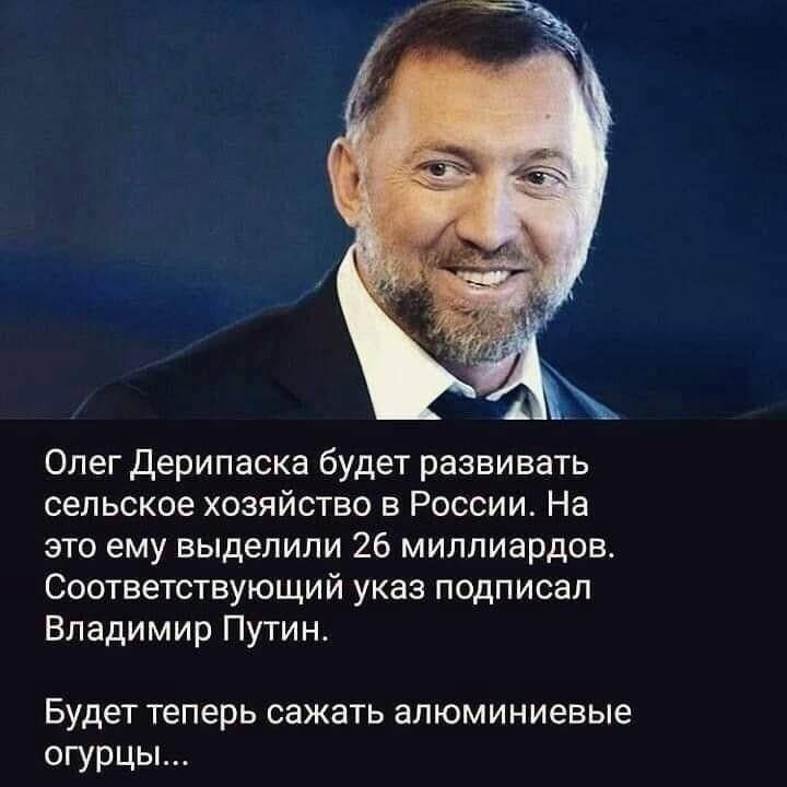 Олег Дерипаска будет развивать сельское хозяйство в России На это ему выделили 26 миллиардов Соответствующий указ подписал Владимир Путин Будет теперь сажать алюминиевые огурцы