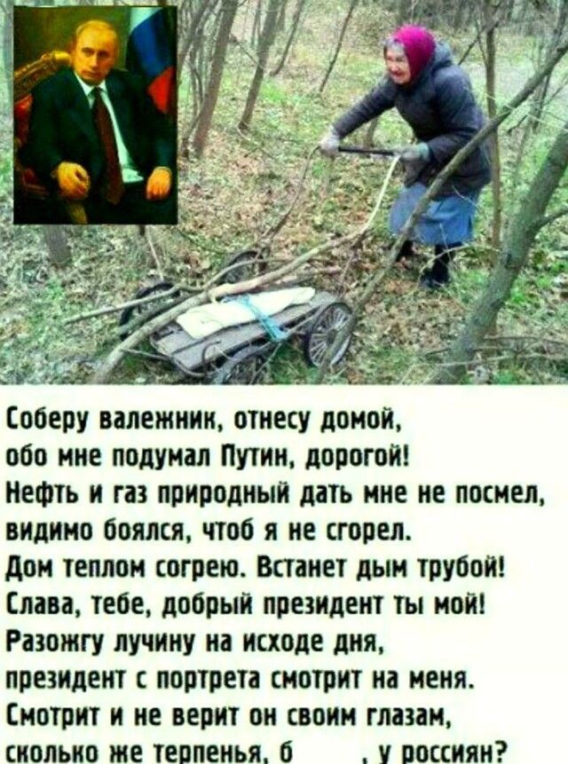 оперу валетннин отнесу домой обо мне подумал Путин дорогой Нефть и газ природный дать мне не посмел видимо боялся чтоб я не сгорел дом теплом согрею Встанет дым труоои Слава тебе добрый президент ты мой Разожгу пучину на исходе дня президент с портрета смотрит на меня Смотрит и не верит он своим глазам сколько же теппенья о у россиян