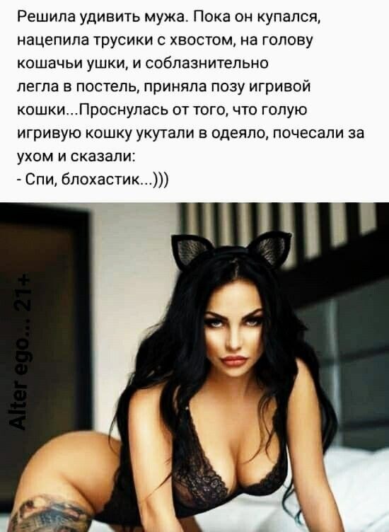 Решила удивить мужа Пока он купался нацепила трусики с хвостом на голову кошачьи ушки и соблазнительно легла в постель приняла позу игривой кошкиПроснулась от того что голую игривую кошку укутали в одеяло почеоапи за ухом и сказали Спи бпохастик