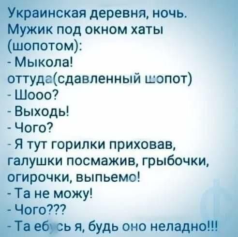 нскпя деревня ночь ик под окном хаты шепотом Мыкола оттудасдавленный шопот Шооо Выходь Чого Я тут горипки приховав галушки посмажив грыбочки огирочки выпьемо Та не можу то ь я будь оно нел