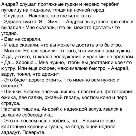 Андрей слушал протяжные гудки и нервно теребил пуговицу на пиджаке глядя на ночной город Слушаю Наконец то ответил кто то Здравствуйте Я Эмм Андрей выругался про себя и выпапип Мне сказали что вы можете достать что угодно Вам не соврали И еще сказали что вы можете достать это быстро Можем Но все зависит от того что именно вам нужно И да учтите тяжелое вооружение и уран мы не продаем да Хорошо Мне 