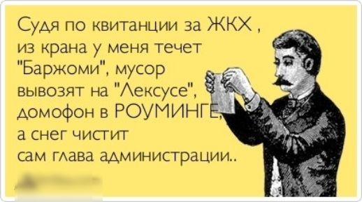 Судя по квитанции за ЖКХ из крана у меня течет Баржоми мусор вывозят на Аексусе домофон в РОУМИНГ а снег чистит сам ГАава администрации 1