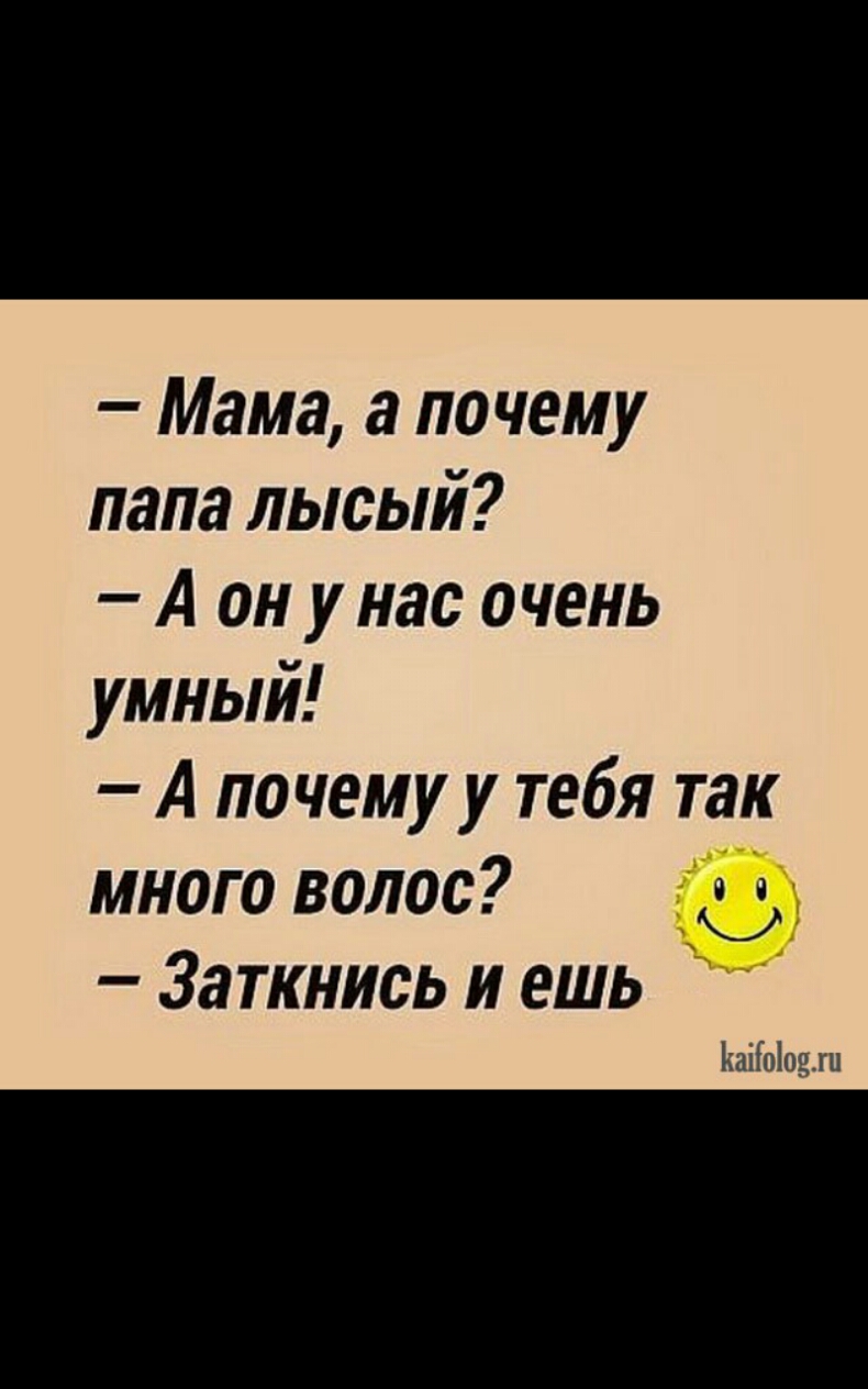 Мама а почему папа лысый А он у нас очень умный А почему у тебя так много волос Заткнись и ешь йаіЫояш