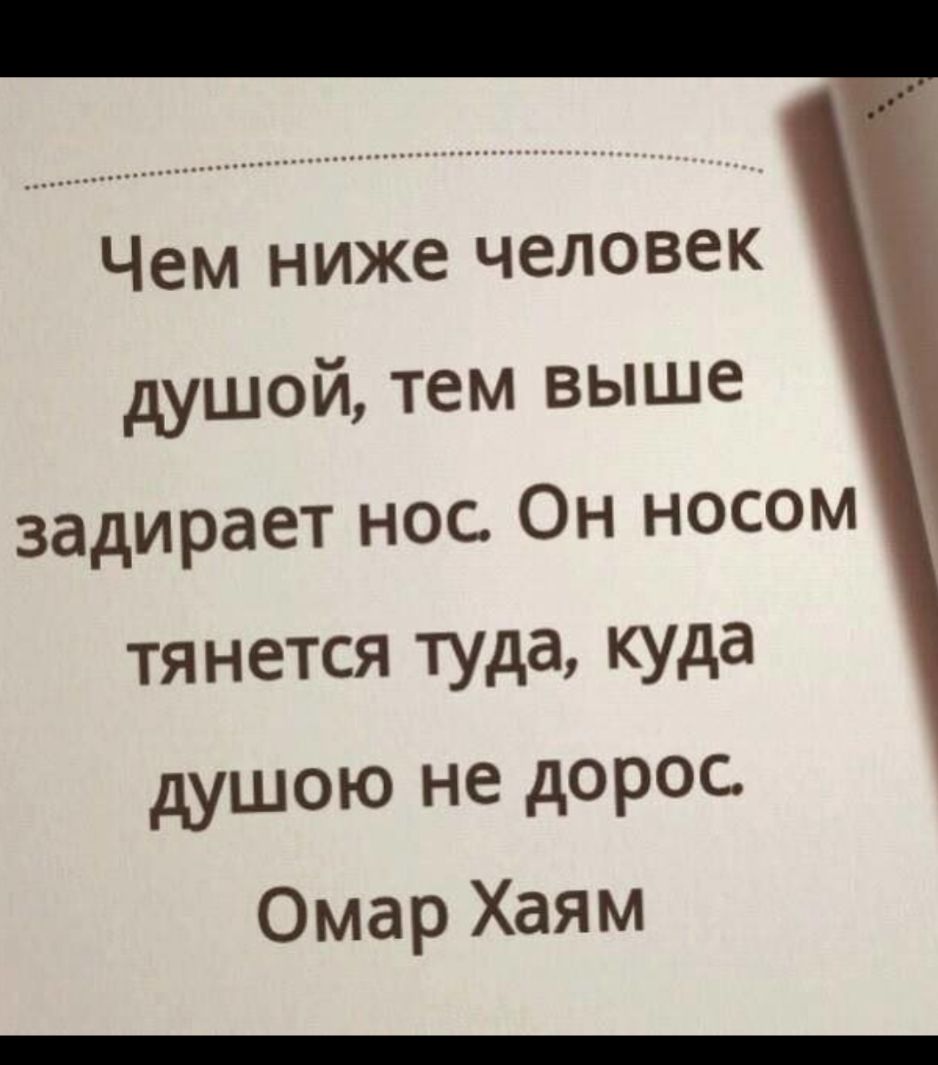 душой тем выше задирает нос Он носом тянется туда куда душою не дорос Омар Хаям