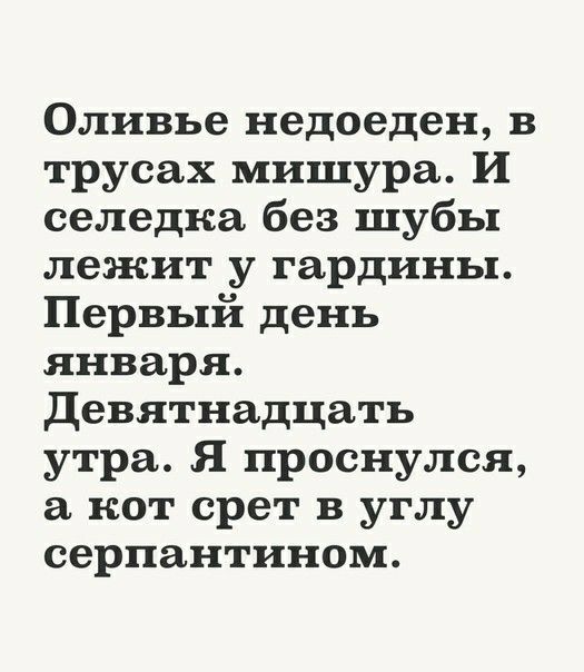 Оливье недоеден в трусах мишура И селедка без шубы лежит у гардины Первый день января Девятнадцать утра Я проснулся а кот срет в углу серпантином