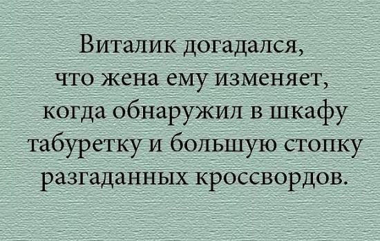 Виталик догадался что жена емуизменяет когда обнаружил в шкафу табуретку и большую стопку разгаданных кРоссвоРдов