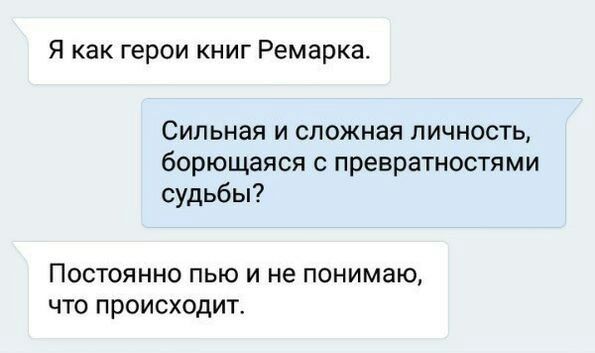 Я как герои книг Ремарка Сильная и сложная личность борющаяся с превратностями судьбы ПОСТОЯННО ПЬЮ И не понимаю ЧТО ПРОИСХОДИТ