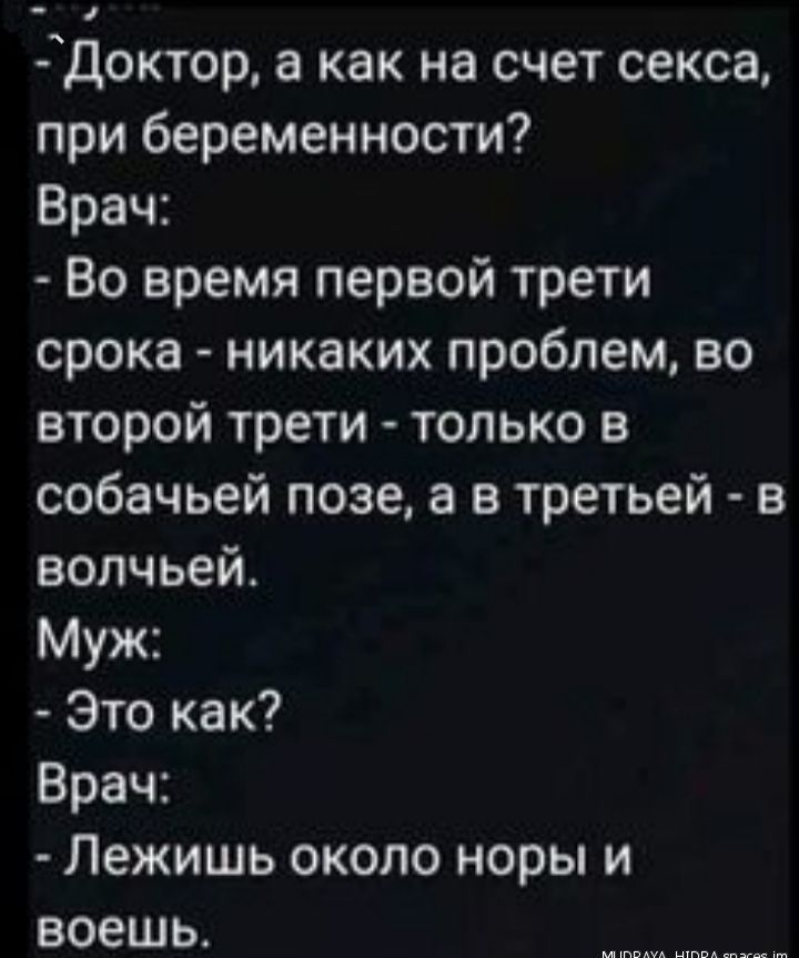 Доктор а как на счет секса при беременности Врач Во время первой трети срока никаких проблем во второй трети только в собачьей позе а в третьей в волчьей Муж Это как Врач Лежишь около норы и воешь