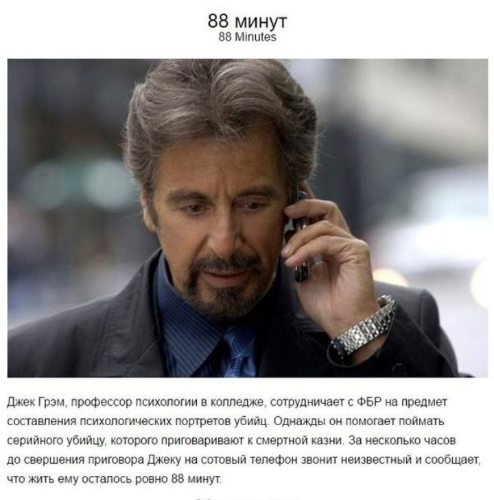 88 минут за Мпшіеі Джек Грэм профессор психопатии в коппедже сотрудничает с ФБР на предмет составления психологическим портретов убийц Однажды он помогает поймать серийного убийцу которого приюваривают к смертной ани За нес опыт часов до свершения приговора Джеку на товып телефон звонит неизвестный и сообщает что жить ему осталось ровно 88 минут