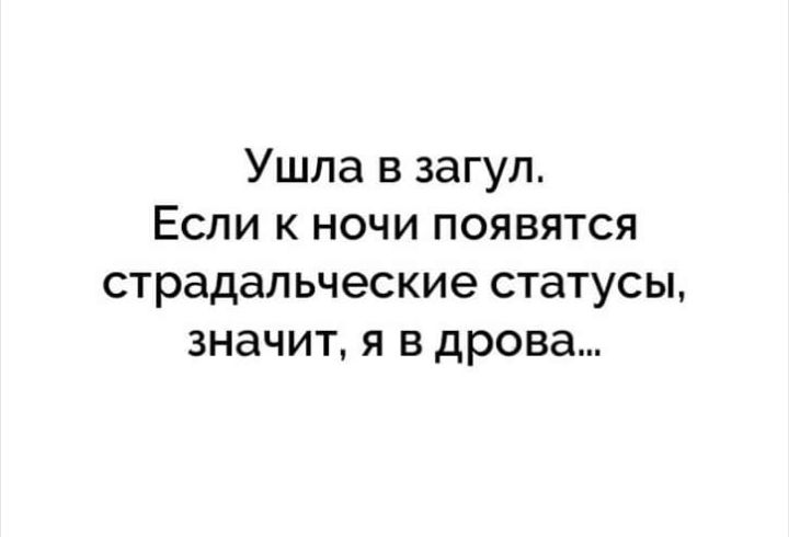 Ушла в загул Если к ночи появятся страдальческие статусы значит я в дрова
