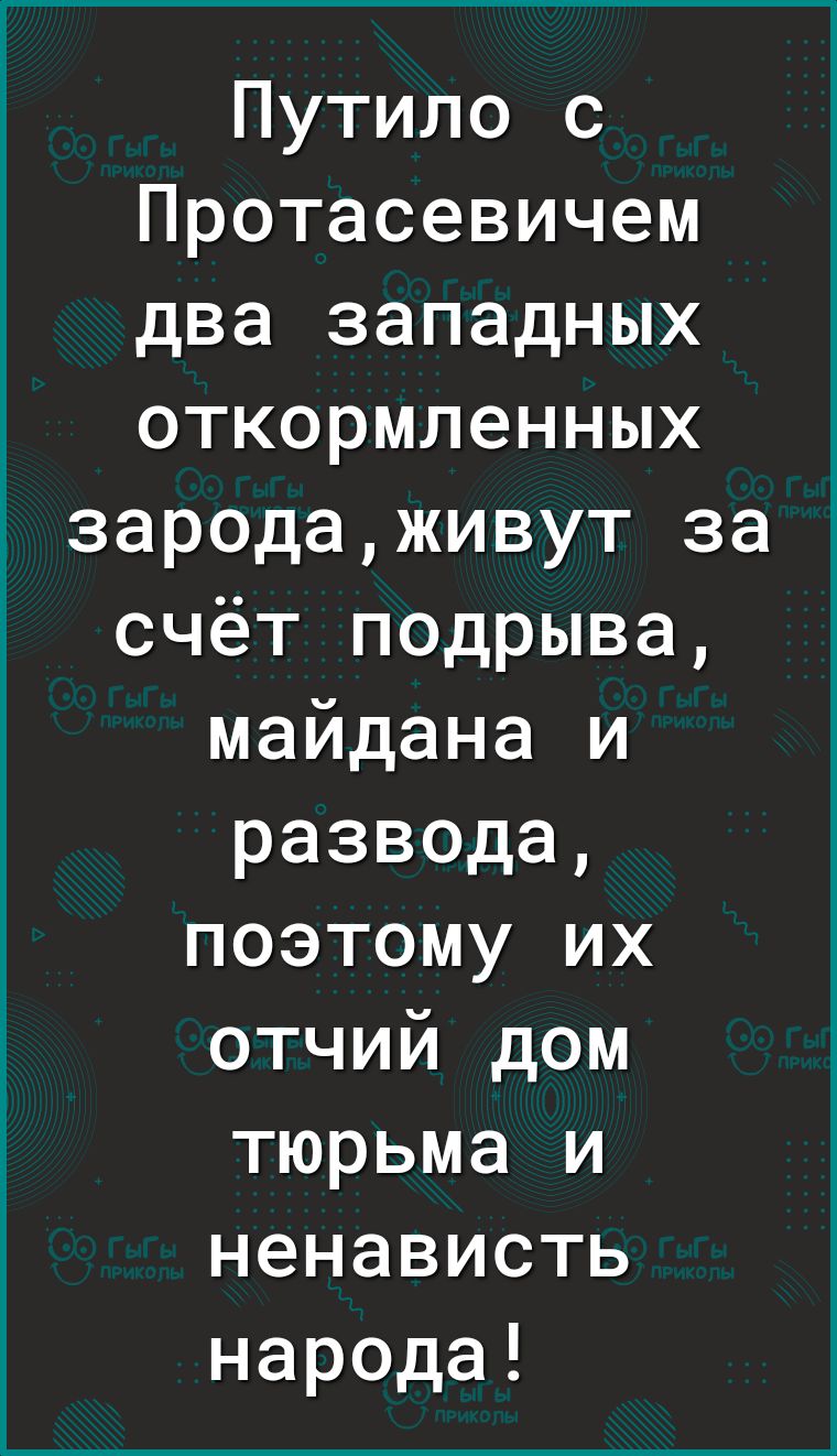 Путило с Протасевичем два западных откормленных зародаживут за счёт подрыва майдана и развода поэтому их отчий дом тюрьма и ненависть народа