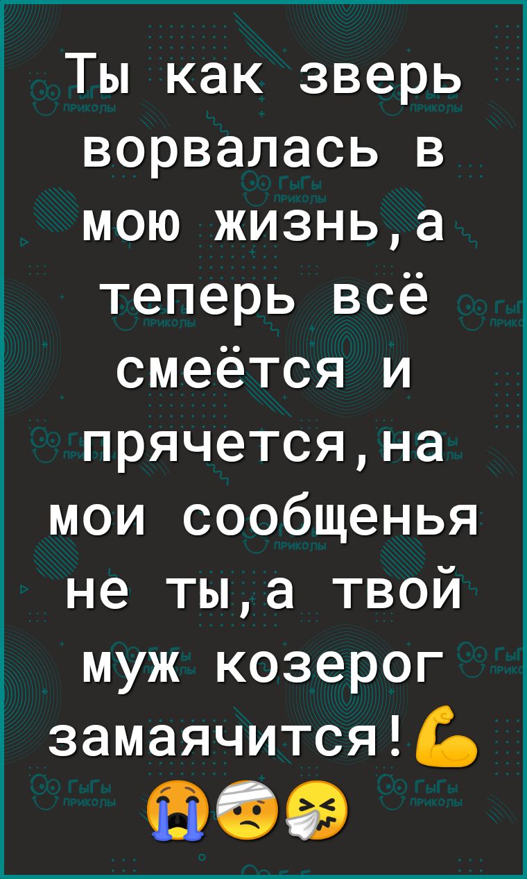 Ты как зверь ворвалась в мою жизньа теперь всё смеётся и прячетсяна мои сообщенья не тыа твой муж козерог замаячитсяЪ