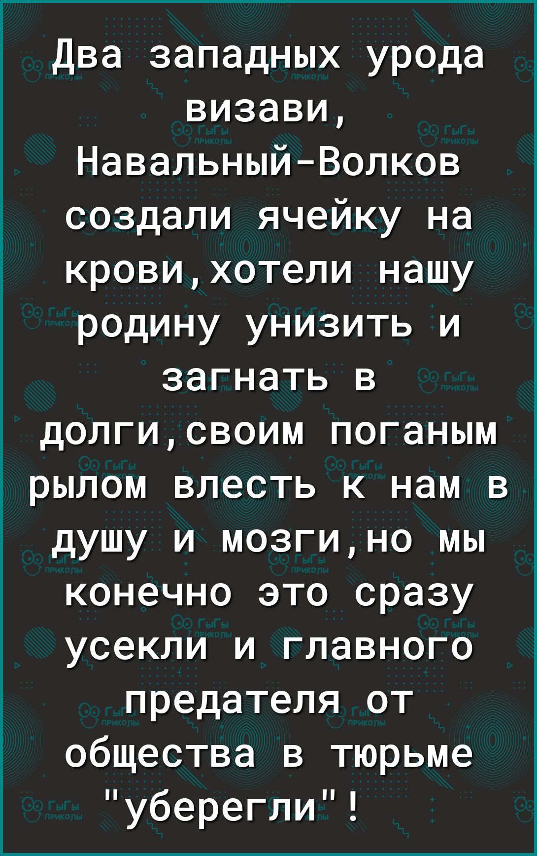 Два западных урода визави НавальныйВолков создали ячейку на кровихотели нашу родину унизить и загнать в долгисвоим поганым рылом влесть к нам в душу и мозгино мы конечно это сразу усекли и главного предателя от общества в тюрьме уберегли