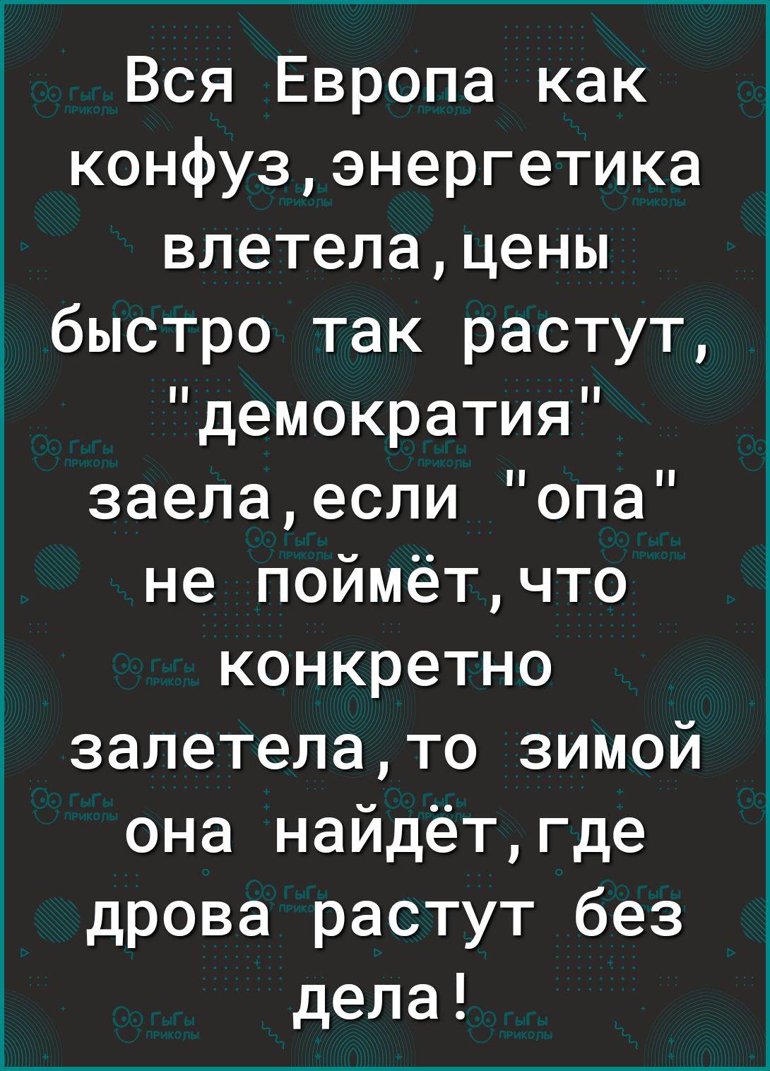 Вся Европа как конфузэнергетика влетелацены быстро так растут демократия заелаесли опа не поймётчто конкретно залетелато зимой она найдётгде дрова растут без дела