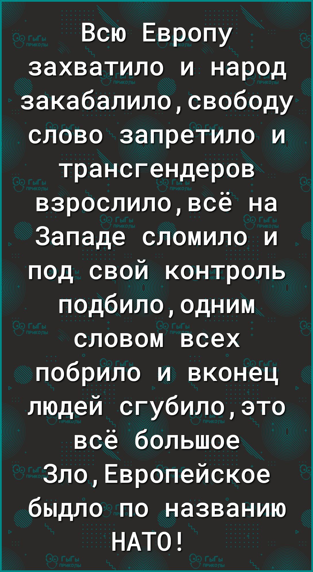 Всю Европу захватило и народ закабалилосвободу слово запретило и трансгендеров взрослиловсё на Западе сломило и под свой контроль подбилоодним словом всех побрило и вконец людей сгубилоэто всё большое 3лоЕвропейское быдло по названию НАТО